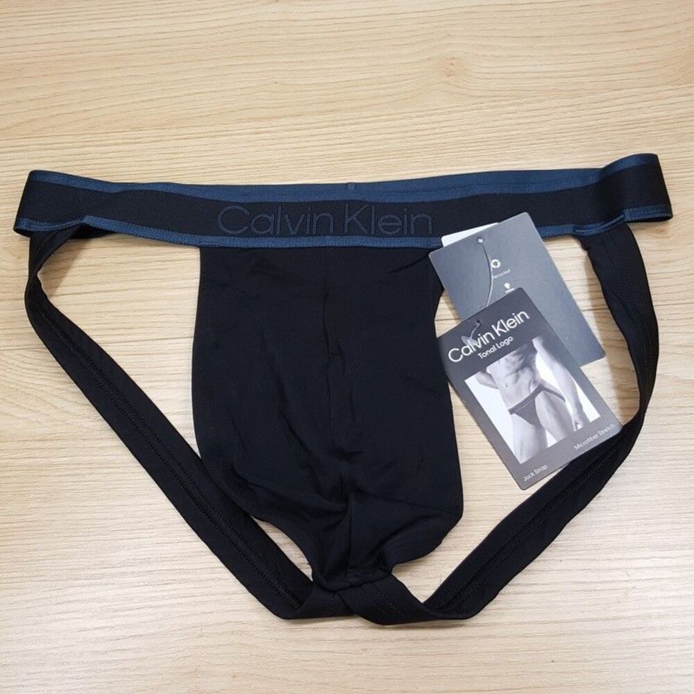 CALVIN KLEIN Jock Strap Mens Large Black Teal Logo Tonal Stretch Performance
